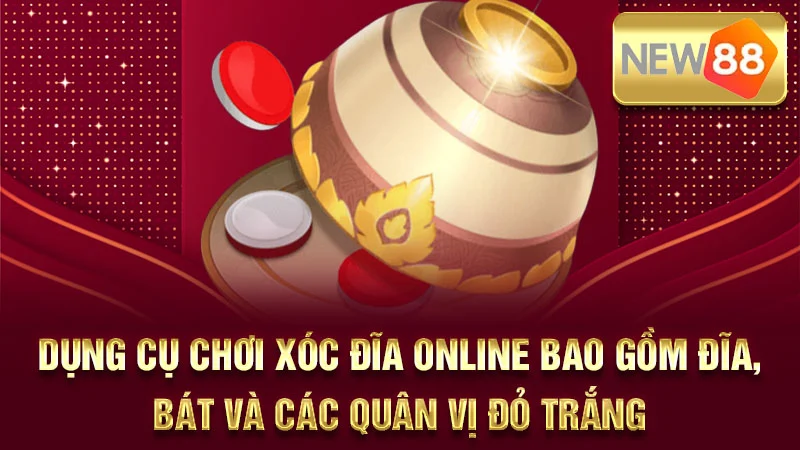 Dụng cụ chơi Xóc Đĩa online bao gồm đĩa, bát và các quân vị đỏ trắng.