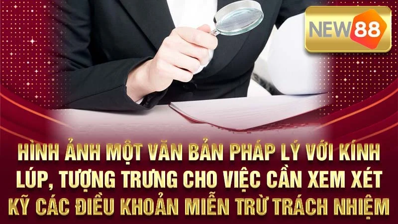 Hình ảnh một văn bản pháp lý với kính lúp, tượng trưng cho việc cần xem xét kỹ các điều khoản miễn trừ trách nhiệm.
