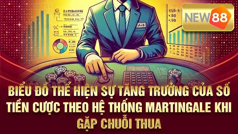 Biểu đồ thể hiện sự tăng trưởng của số tiền cược theo hệ thống Martingale khi gặp chuỗi thua.