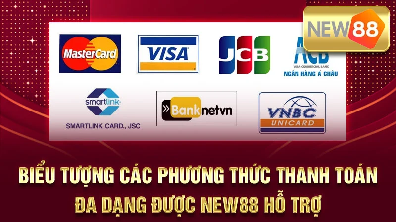 Biểu tượng các phương thức thanh toán đa dạng được NEW88 hỗ trợ.