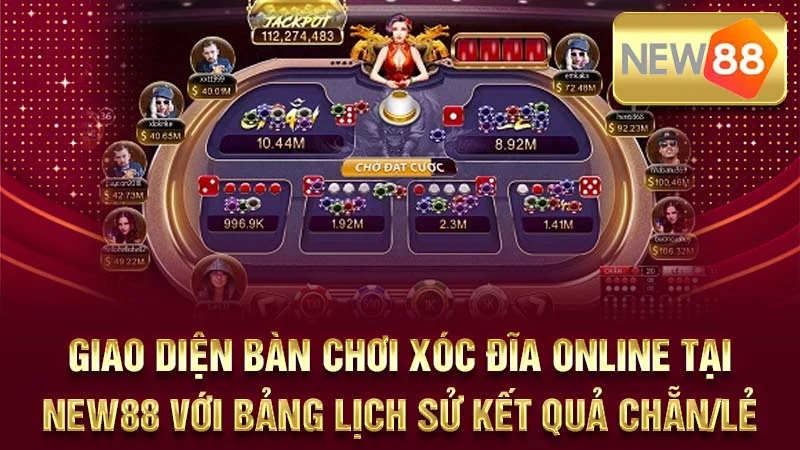 Giao diện bàn chơi Xóc Đĩa online tại NEW88 với bảng lịch sử kết quả Chẵn/Lẻ.