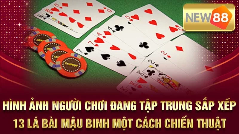 Hình ảnh người chơi đang tập trung sắp xếp 13 lá bài Mậu Binh một cách chiến thuật.
