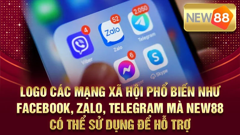 Logo các mạng xã hội phổ biến như Facebook, Zalo, Telegram mà NEW88 có thể sử dụng để hỗ trợ.